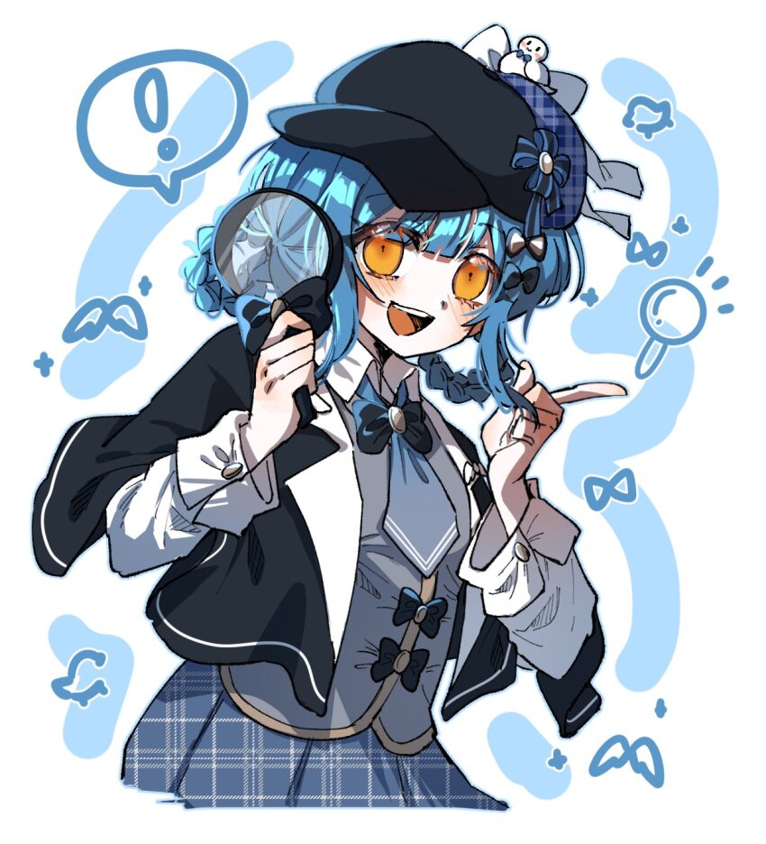 !, 1girl, black_capelet, black_hat, blue_hair, blue_necktie, blue_skirt, braid, braided_hair_rings, capelet, collared_shirt, commentary, cowboy_shot, deerstalker, detective, grey_vest, hair_rings, hands_up, hat, highres, holding, holding_magnifying_glass, index_finger_raised, kimburgertwo, long_sleeves, looking_at_viewer, magnifying_glass, mahou_shoujo_no_majo_saiban, necktie, open_mouth, orange_eyes, plaid_clothes, plaid_skirt, shirt, short_hair, skirt, smile, solo, spoken_exclamation_mark, untranslatable_commentary, tachibana_sherry, vest