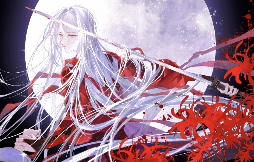 1boy, absurdres, blood, blood_splatter, bloody_weapon, bridal_gauntlets, cael_anselm, cael_anselm_(long_night_together)