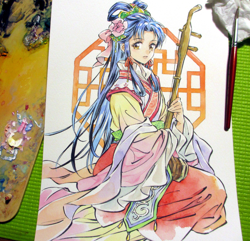 1girl, agahari, art_brush, art_tools_in_frame, blue_hair, bow, brown_eyes, chinese_clothes