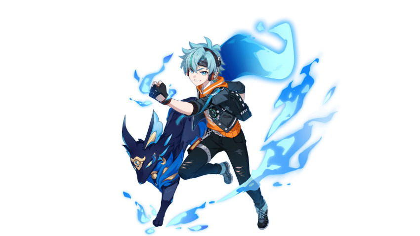 1boy, absurdres, blue_eyes, blue_hair, character_request, creature, fingerless_gloves, gloves