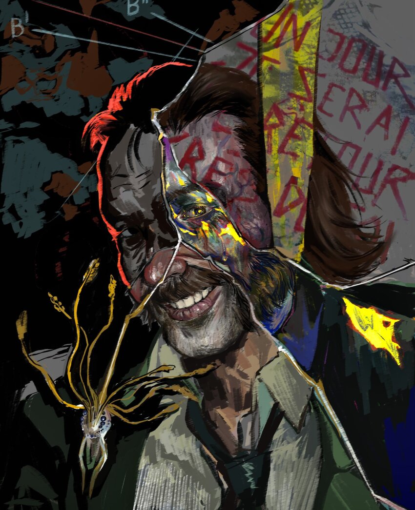 1boy, atergraham, brown_hair, crack, cracked_glass, disco_elysium, disheveled, facial_hair