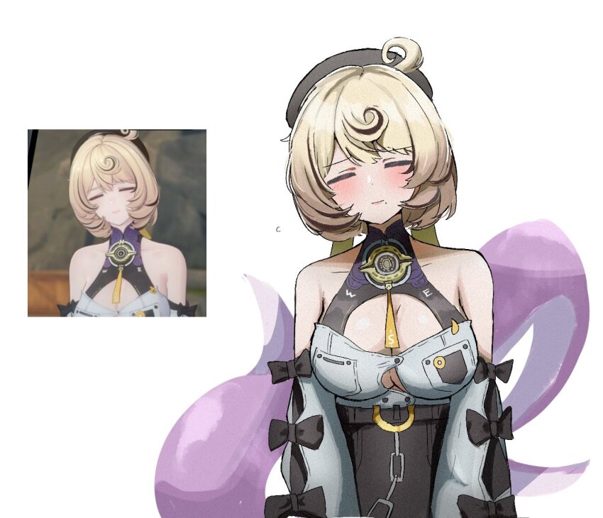 1girl, accessories, bare_shoulders, beret, black_bow, black_hat, blonde_hair, blush, bow, breasts, button_gap, chain, cleavage, closed_eyes, closed_mouth, commentary_request, detached_sleeves, game_screenshot_inset, hat, head_tilt, high-waist_shorts, large_breasts, mole, mole_under_mouth, monster_girl, pepa_xgame, reference_inset, scylla, shirt, short_hair, shorts, simple_background, solo, tentacle_girl, tentacle_tail, tentacles, upper_body, white_background, white_shirt, white_sleeves, yidhari_murphy, zenless_zone_zero