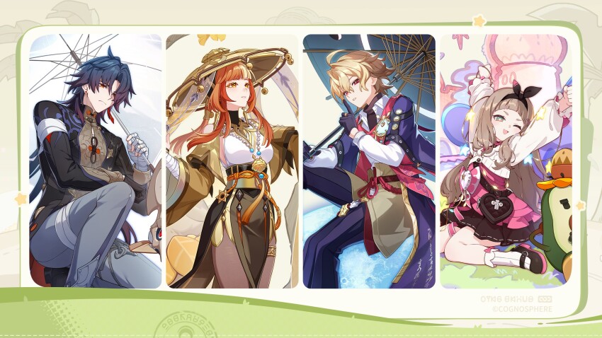 2boys, 2girls, black_hair, blade_(honkai:_star_rail), blonde_hair, blue_umbrella, hair_ornament, hair_ribbon, highres, honkai:_nexus_anima, honkai_(series), kumyo_kyo_(honkai:_nexus_anima), long_hair, long_sleeves, maple_manybell_(honkai:_nexus_anima), multiple_boys, multiple_girls, official_art, orange_hair, prabhas_(honkai:_nexus_anima), ribbon, tagme, umbrella, white_umbrella