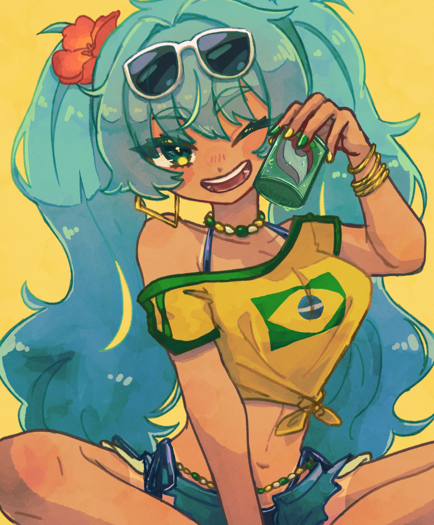 1girl, ;d, bangle, bead_choker, beads, belly_chain, blush_stickers, bracelet, brazilian_flag, brazilian_flag_print, brazilian_miku, breasts, commentary, earrings, exposed_pocket, eyewear_on_head, flag_print, flower, green_eyes, green_hair, green_nails, hair_flower, hair_ornament, hatsune_miku, highres, jewelry, long_hair, looking_at_viewer, medium_breasts, midriff, multicolored_nails, nail_polish, navel, oknomyk, one_eye_closed, open_mouth, rectangular_earrings, round_teeth, shirt, short_shorts, short_sleeves, shorts, shorts_tan, simple_background, single_bare_shoulder, single_off_shoulder, sitting, smile, solo, sunglasses, t-shirt, tan, tanline, tanline_peek, teeth, tied_shirt, twintails, very_long_hair, vocaloid, white-framed_eyewear, yellow_background, yellow_nails, yellow_shirt