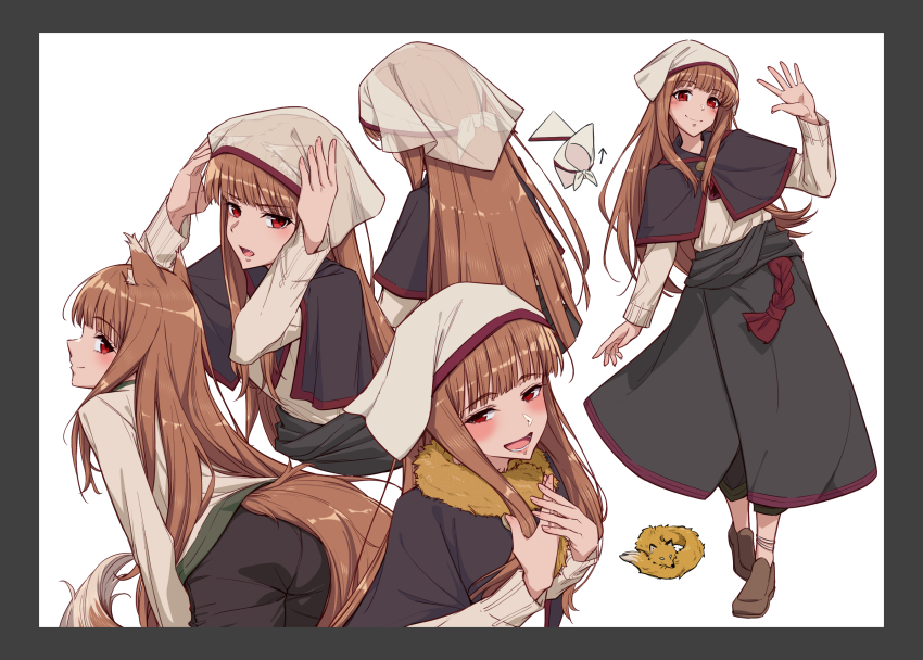 1girl, :d, animal_ear_fluff, animal_ears, ass, black_border, black_capelet, black_pants, black_skirt, blunt_bangs, blush, border, brown_hair, brown_shoes, brown_tail, capelet, closed_mouth, covering_head, covering_own_ears, cowboy_shot, eyelashes, fang, fox, from_below, frown, full_body, fur_scarf, hair_over_shoulder, hand_up, hands_up, happy, headscarf, headwrap, highres, holo, leaning_forward, long_hair, long_skirt, long_sleeves, looking_at_viewer, lower_teeth_only, making-of, marutenmaruten, multiple_views, open_mouth, outstretched_hand, own_hands_together, pants, profile, red_eyes, see-through_clothes, see-through_headwear, shirt, shoes, sidelocks, simple_background, skirt, smile, spice_and_wolf, split_mouth, standing, straight_hair, tail, teeth, textless_version, upper_body, very_long_hair, waving, white_background, white_headscarf, white_shirt, wolf_ears, wolf_girl, wolf_tail, yellow_fur