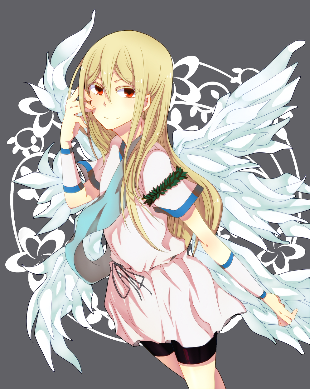 1boy, afuro_terumi, bike_shorts, blonde_hair, highres, inazuma_eleven, inazuma_eleven_(series), long_hair, male_focus, red_eyes, sash, smile, solo, trap, tunic, urashima_(kamenagomi), very_long_hair, wings, zeus_(inazuma_eleven)