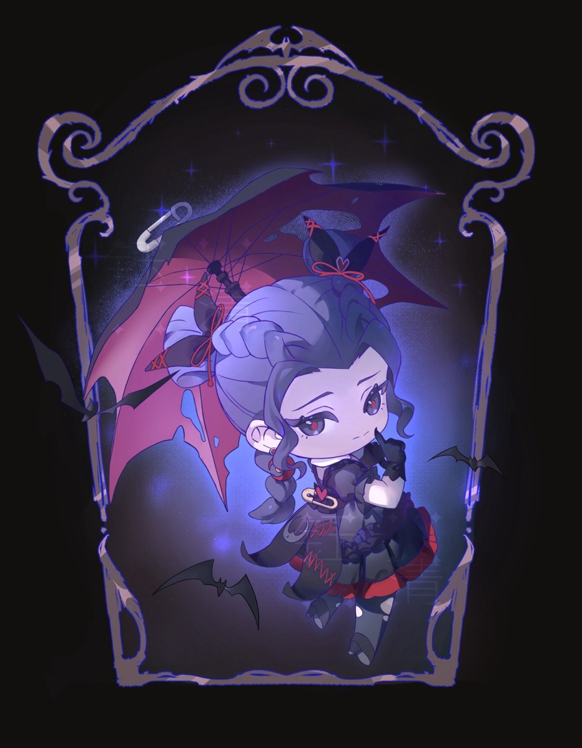 1girl, bat_(animal), black_background, black_bow, black_dress, black_gloves, black_umbrella, blue_outline, bow, braid, bright_pupils, chibi, chinese_commentary, closed_mouth, commentary_request, double_bun, dream-like_night_(infinity_nikki), dress, eyelashes, finger_to_cheek, floating, forehead, frilled_dress, frilled_sleeves, frills, gloves, gothic_lolita, grey_eyes, grey_hair, hair_bow, hair_bun, hair_ornament, hair_ribbon, happy, heart, heart_hair_ornament, highres, holding, holding_umbrella, infinity_nikki, lolita_fashion, long_hair, medium_dress, nikki_(series), outline, paperclip, picture_frame, pleated_dress, puffy_short_sleeves, puffy_sleeves, red_pupils, red_ribbon, red_umbrella, ribbon, short_sleeves, side_braid, solo, sparkle, torn_umbrella, tsurime, twin_braids, two-sided_umbrella, umbrella, umbrella_over_shoulder, yuqing99999