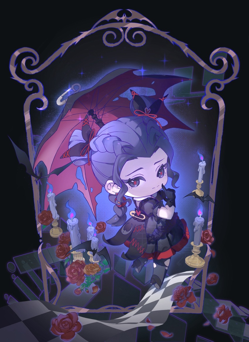 1girl, black_background, black_bow, black_dress, black_gloves, black_umbrella, blue_outline, bow