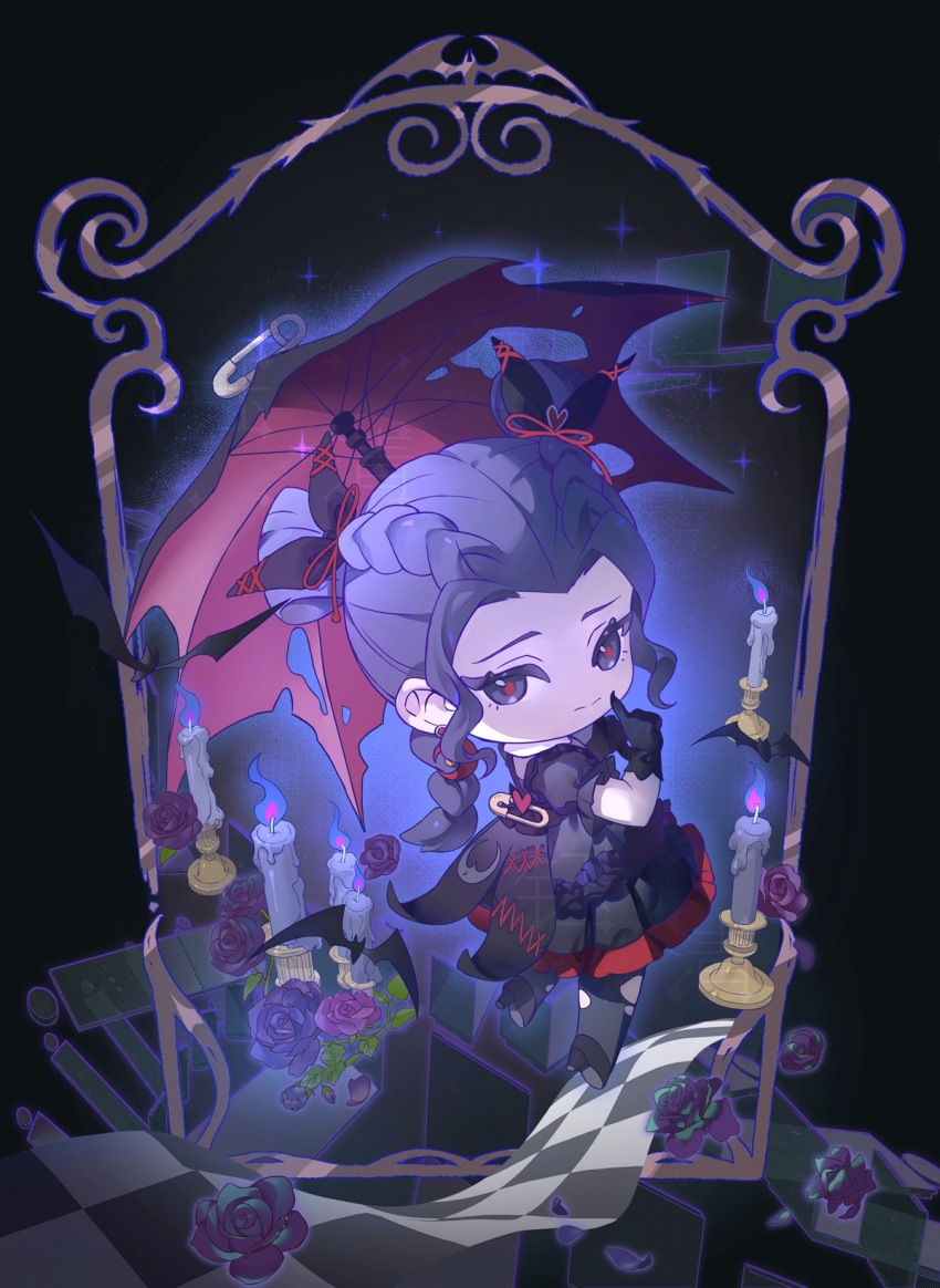 1girl, black_background, black_bow, black_dress, black_gloves, black_umbrella, blue_outline, bow