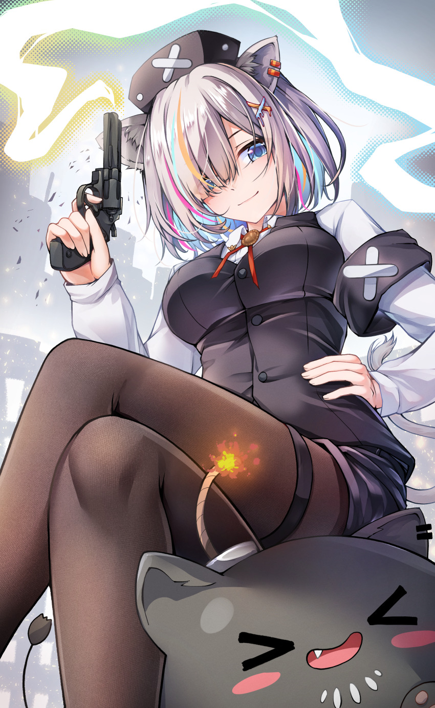 1girl, absurdres, animal_ear_piercing, animal_ears, armband, asymmetrical_bangs, black_armband, black_hat, black_pantyhose, black_shorts, black_vest, blonde_streaks, blue_eyes, blue_streaks, blush, bolo_tie, breasts, buttons, closed_mouth, collared_shirt, commentary_request, crossed_legs, dress_shirt, feet_out_of_frame, finger_on_trigger, grey_hair, gun, hair_ornament, hair_over_one_eye, handgun, hat, highres, holding, holding_gun, holding_weapon, hololive, lion_ears, lion_girl, lion_tail, long_bangs, long_sleeves, looking_down, maineko_ruru, medium_breasts, multicolored_hair, nurse, nurse_cap, official_alternate_costume, official_alternate_hair_length, official_alternate_hairstyle, on_creature, pantyhose, pink_streaks, revolver, shirt, shishiro_botan, shishiro_botan_(button-down), short_hair, short_shorts, shorts, sitting, smile, solo, ssrb_(shishiro_botan), streaked_hair, tail, thigh_strap, vest, virtual_youtuber, waistcoat, weapon, white_shirt, x_hair_ornament