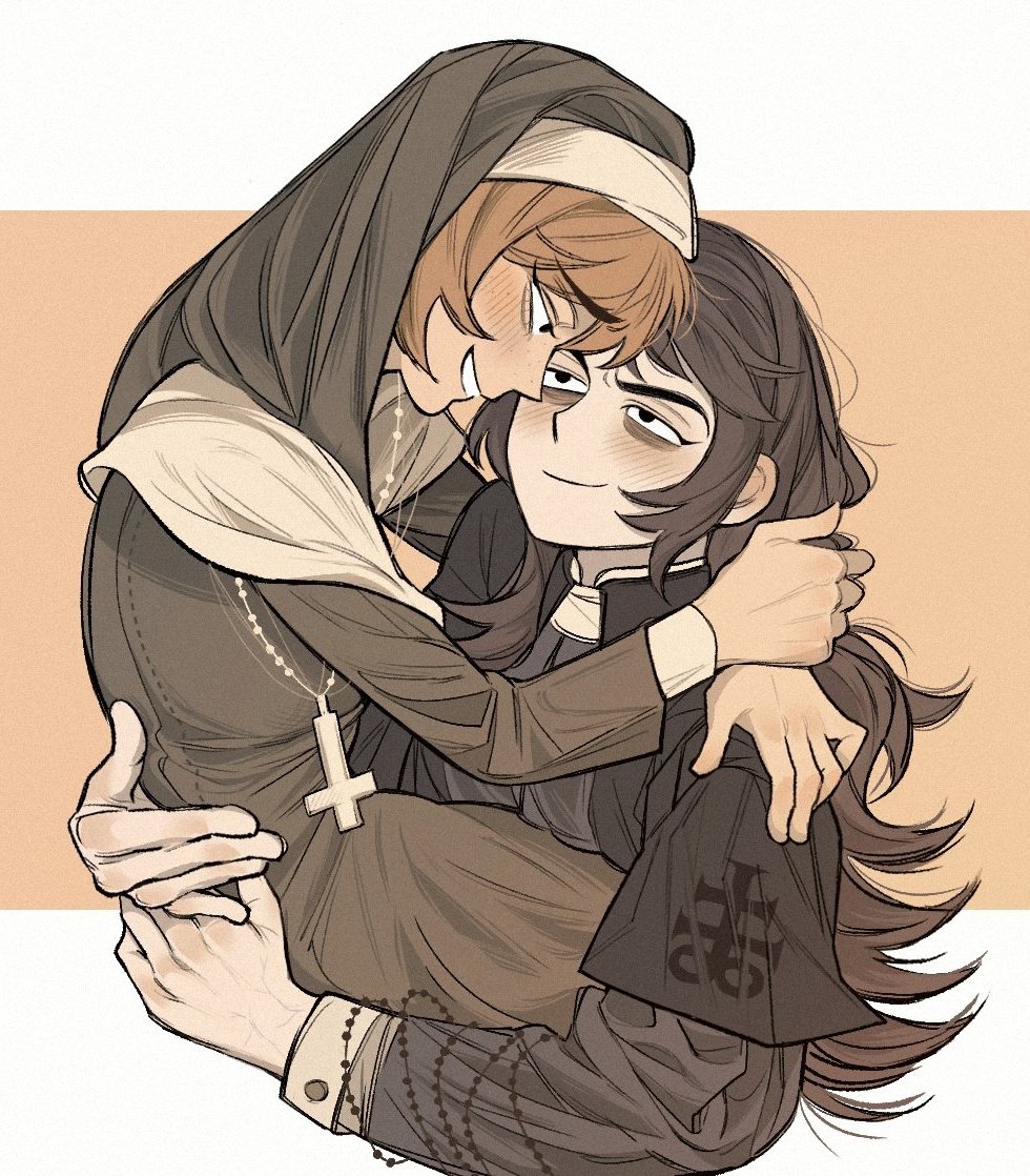 1boy, 1girl, abaddon_(haunted_hotel), aged_up, bags_under_eyes, black_capelet, black_eyes, brown_dress, brown_hair, capelet, carrying, child_carry, clerical_collar, commentary, cross, cross_necklace, dress, english_commentary, esther_freeling, freckles, haunted_hotel, hetero, hug, inverted_cross, inverted_cross_necklace, lifeisassholee, long_hair, looking_at_another, nun, orange_background, priest, short_hair, simple_background, traditional_nun