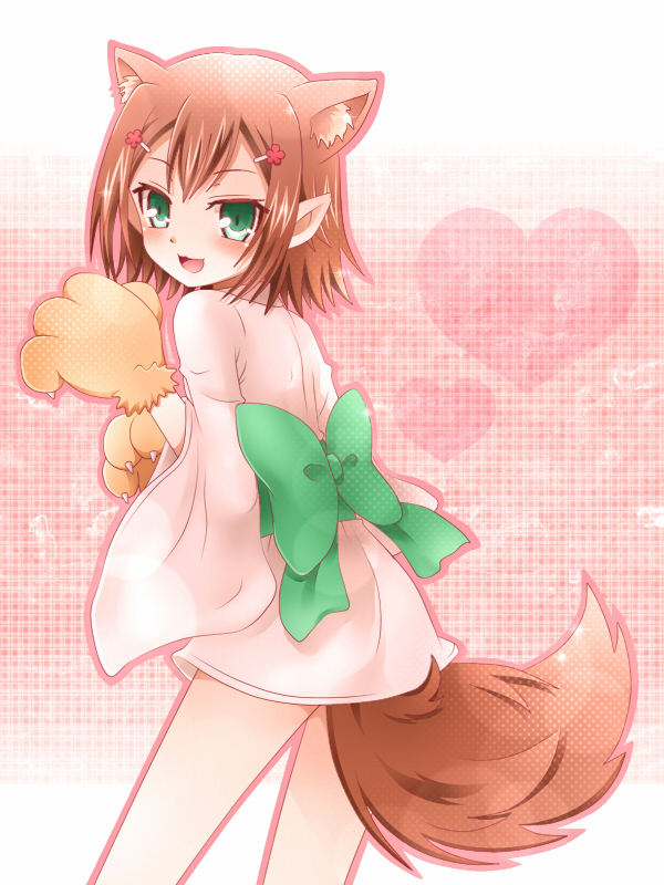 1boy, :3, animal_ears, animal_hands, baka_to_test_to_shoukanjuu, blush, bow, brown_hair, crossdressing, crossdressing_(mtf), extra_ears, hair_ornament, hairclip, japanese_clothes, kemonomimi_mode, kinoshita_hideyoshi, looking_back, male_focus, open_mouth, pointy_ears, pp_(ki20rupi3), short_hair, solo, tail, trap