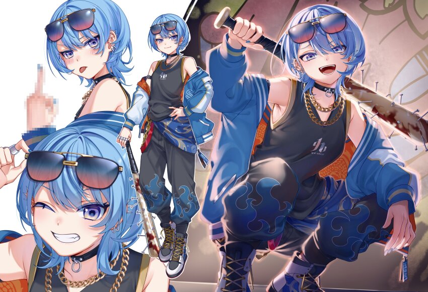 1girl, ;d, absurdres, baseball_bat, black_choker, black_tank_top, blue_eyes, blue_hair, blue_jacket, blue_nails, censored, censored_gesture, chain, chain_necklace, choker, delinquent, double-parted_bangs, esther_mini, eyewear_on_head, flame_print, gold_chain, grin, hair_between_eyes, hashtag-only_commentary, high_tops, highres, hololive, hololive_grand_theft_auto, hoshimachi_suisei, jacket, jewelry, letterman_jacket, middle_finger, multiple_views, nail_(hardware), nail_bat, nail_polish, necklace, one_eye_closed, open_clothes, open_jacket, open_mouth, shoes, short_hair, smile, smug, sneakers, squatting, star_(symbol), star_in_eye, sunglasses, symbol_in_eye, tank_top, tongue, tongue_out, virtual_youtuber, wolf_cut