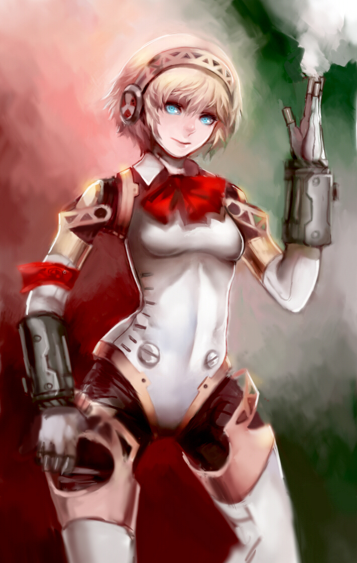 1girl, aigis_(persona), android, atlus, blonde_hair, blue_eyes, female_focus, hand_on_own_hip