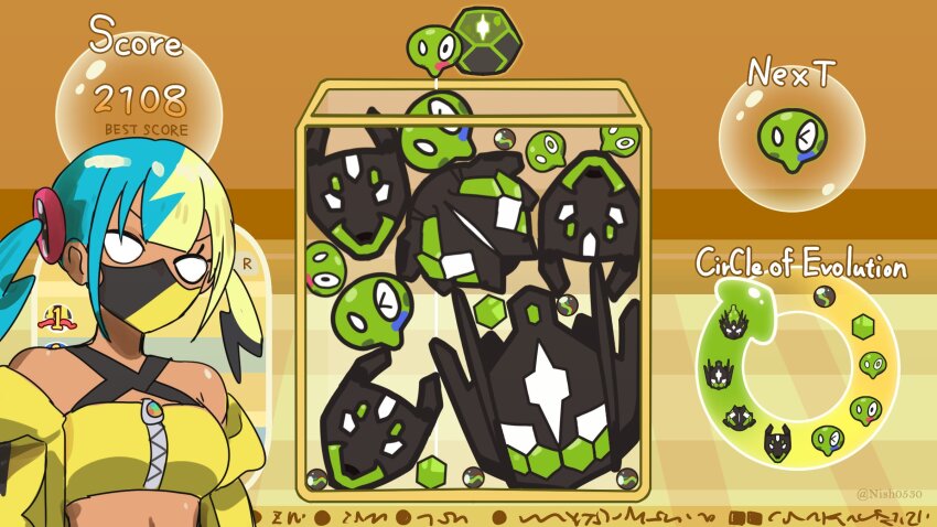 1girl, aqua_hair, black_mask, blonde_hair, breasts, canari_(pokemon), dark-skinned_female, dark_skin