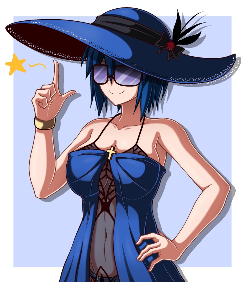 1girl, absurdres, bare_shoulders, blue_dress, blue_hair, blue_hat, bracelet, breasts