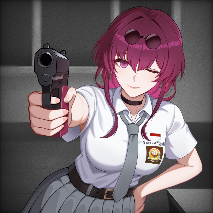 1girl, absurdres, aiming, aiming_at_viewer, breasts, choker, collared_shirt, eyewear_on_head, grey_necktie, grey_skirt, gun, hair_between_eyes, hand_pointing_a_gun_(meme), highres, holding, holding_gun, holding_weapon, honkai:_star_rail, honkai_(series), indonesian_flag, kafka_(honkai:_star_rail), long_hair, looking_at_viewer, maruginoru, meme, necktie, one_eye_closed, purple_eyes, purple_hair, round_eyewear, school_uniform, shirt, simple_background, skirt, smile, solo, sunglasses, weapon, white_shirt