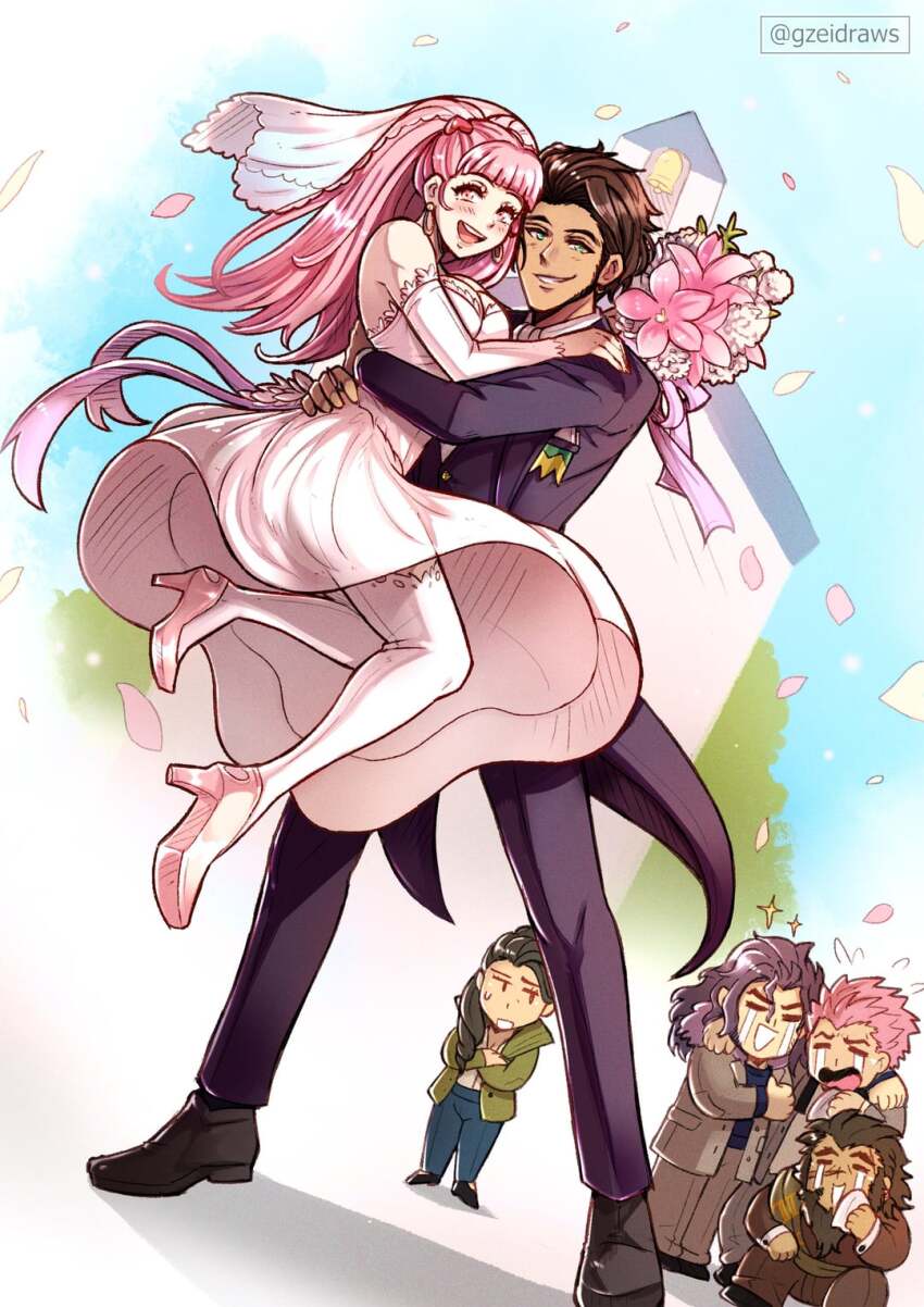 2girls, 4boys, artist_name, balthus_von_albrecht, black_hair, black_shoes, bouquet, breasts