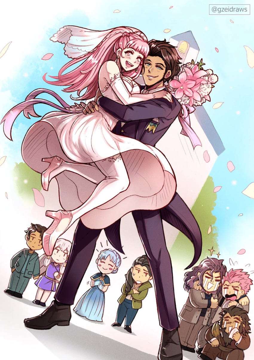 4girls, 5boys, artist_name, balthus_von_albrecht, black_hair, black_shoes, bouquet, breasts