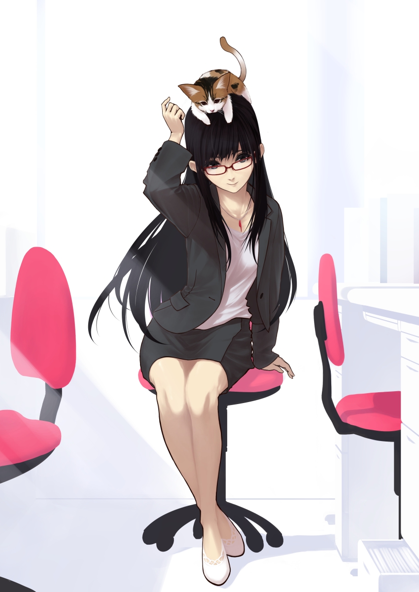 1girl, absurdres, animal, animal_on_head, arm_support, arm_up, bad_id, bad_pixiv_id, bare_legs, black_eyes, black_hair, black_skirt, cat, cat_on_head, chair, collarbone, female_focus, formal_clothes, full_body, glasses, highres, jacket, jewelry, koharu_nosuke, long_hair, looking_at_viewer, miniskirt, necklace, object_on_head, office_chair, on_head, pencil_skirt, red-framed_eyewear, rikunabi_next, rikunabi_next_miho-san, sitting, skirt, skirt_suit, smile, solo, suit, swivel_chair