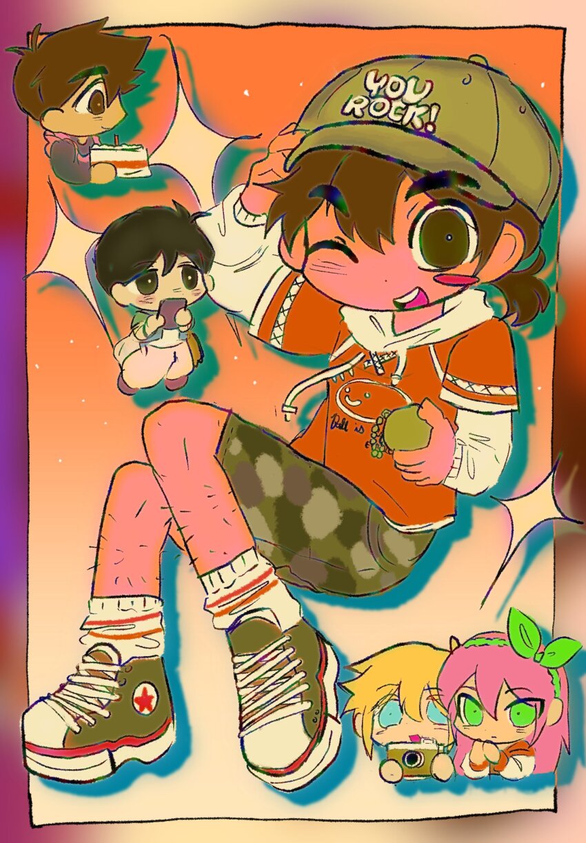 1girl, 4boys, adjusting_clothes, adjusting_headwear, alternate_eye_color, antenna_hair, arm_up, aubrey_(faraway)_(omori)