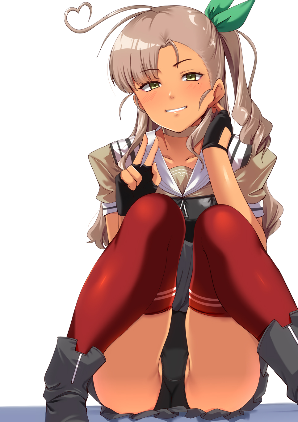 ahoge, black_gloves, black_panties, brown_hair, fingerless_gloves, gloves, green_eyes, grey_overskirt