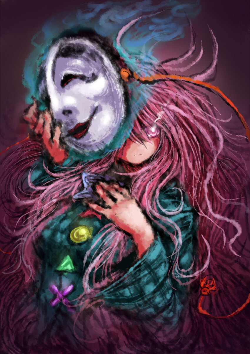 2b-ge, aura, blue_shirt, breasts, buttons, chinese_commentary, determined, expressionless