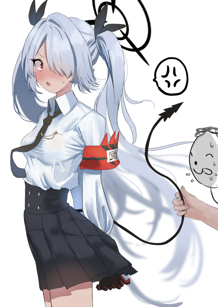 1boy, 1girl, :o, :p, absurdres, anger_vein, armband, arms_behind_back, black_gloves, black_halo, black_necktie, black_ribbon, black_skirt, blue_archive, blush, collared_shirt, commentary_request, cowboy_shot, dark-skinned_female, dark_skin, demon_girl, demon_tail, doodle_sensei_(blue_archive), dress_shirt, embarrassed, floating_hair, from_side, gloves, grabbing_another's_tail, grabbing_from_behind, grey_hair, hair_over_one_eye, hair_ribbon, halo, hetero, high-waist_skirt, highres, imminent_licking, iori_(blue_archive), long_hair, long_sleeves, looking_at_viewer, mochini, necktie, nose_blush, one_eye_covered, open_mouth, partial_commentary, pleated_skirt, red_armband, red_eyes, ribbon, school_uniform, sensei_(blue_archive), shirt, simple_background, skirt, solo_focus, speech_bubble, spoken_anger_vein, sweatdrop, tail, tail_fondling, tail_raised, tongue, tongue_out, tsurime, twintails, v-shaped_eyebrows, very_long_hair, white_background, white_shirt, wide-eyed