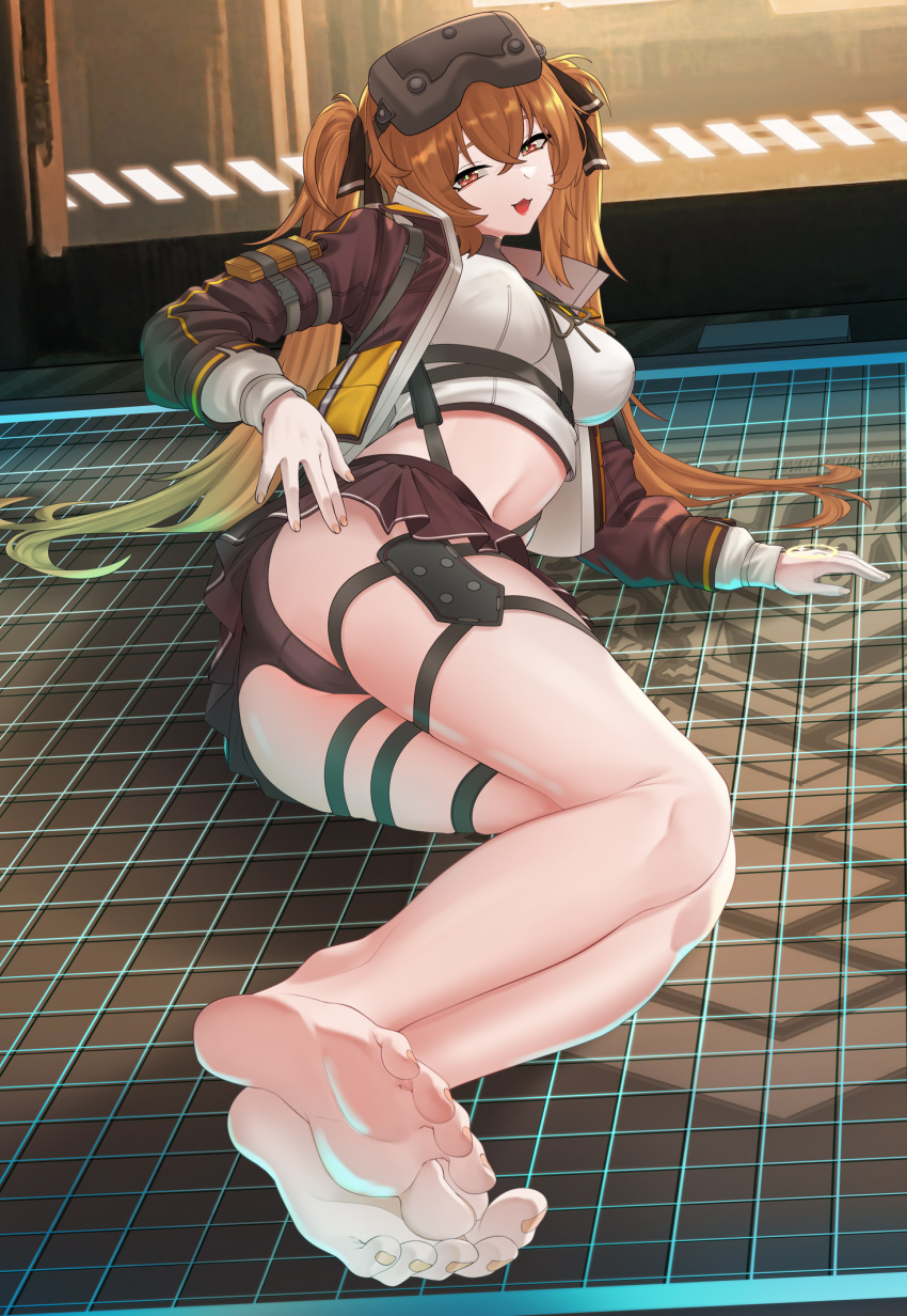 1girl, ass, barefoot, black_panties, breasts, brown_eyes, brown_hair, brown_jacket, crop_top, crossed_bangs, dark_skin, feet, foot_focus, girls'_frontline, girls'_frontline_2:_exilium, goggles, goggles_on_head, highres, holster, impossible_clothes, impossible_shirt, indoors, jacket, legs, legs_together, lenna_(girls'_frontline_2), long_sleeves, looking_at_viewer, lying, medium_breasts, microskirt, midriff, navel, on_ground, on_side, open_clothes, open_jacket, open_mouth, panties, pleated_skirt, samsam_s2s, shirt, skirt, soles, solo, thigh_holster, thigh_strap, toenails, toes, twintails, ump9_(girls'_frontline), underwear