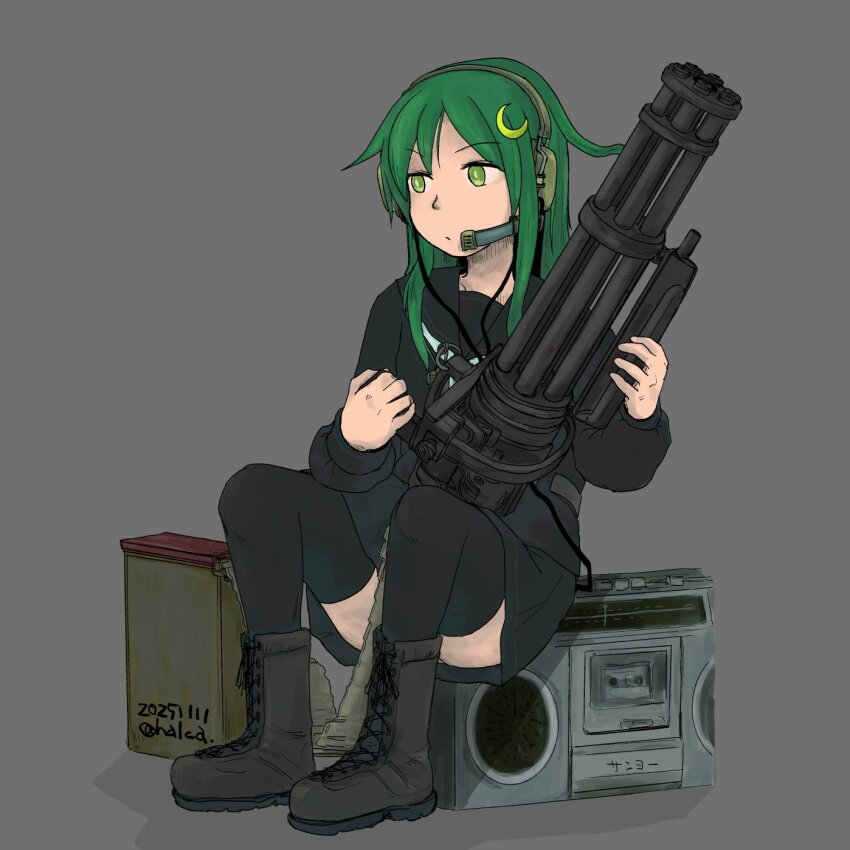 black_serafuku, boombox, boots, crescent, crescent_hair_ornament, crescent_pin, gatling_gun, green_eyes