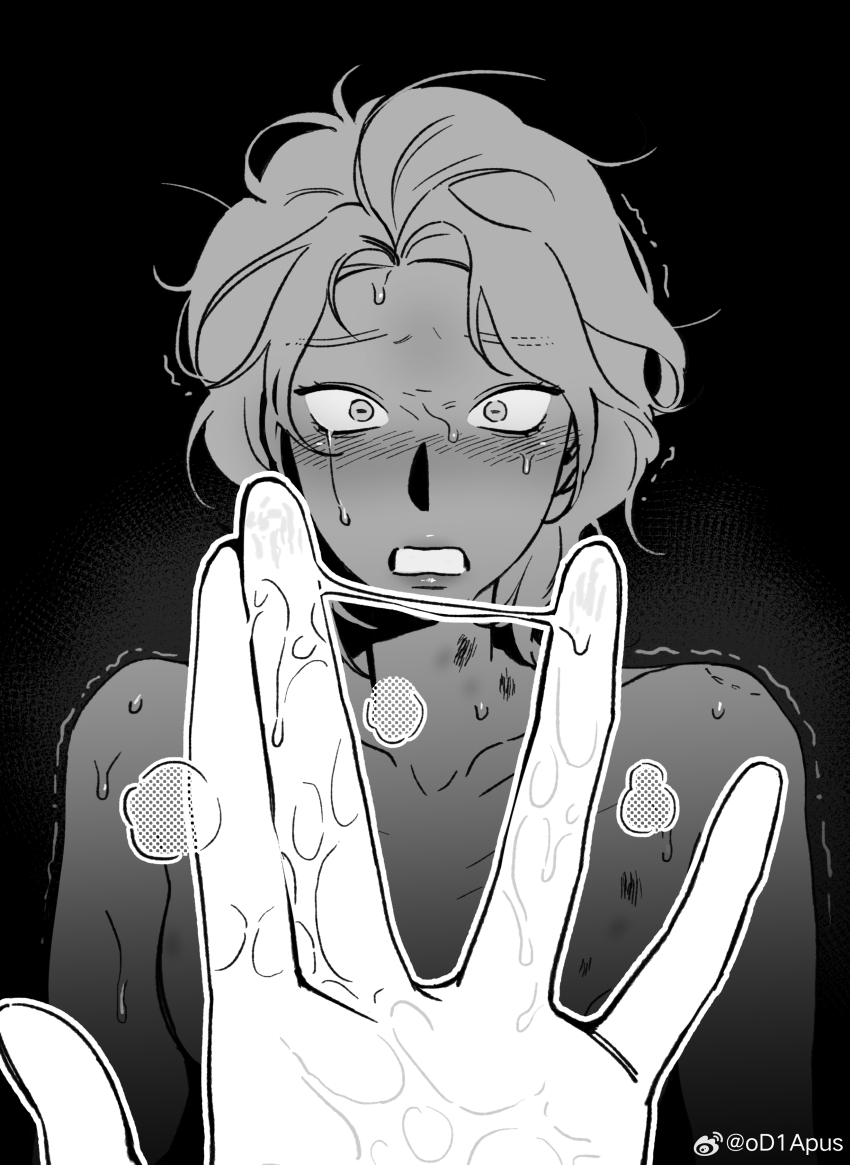 2girls, absurdres, bare_shoulders, bite_mark, black_background, blush, clenched_teeth, collarbone, constricted_pupils, couple, crying, crying_with_eyes_open, female_pov, g00d1a, greyscale, hand_up, highres, implied_sex, like_mother_like_daughter, looking_at_viewer, messy_hair, monochrome, multiple_girls, nervous_sweating, nose_blush, nude, parted_bangs, pov, pov_hands, pussy_juice, pussy_juice_on_fingers, pussy_juice_trail, ryu_sol, scared, short_hair, simple_background, somyung's_mother_(like_mother_like_daughter), steaming_body, surprised, sweat, tears, teeth, trembling, upper_body, watermark, wavy_hair, weibo_username, weibo_watermark, wet, wide-eyed, yuri