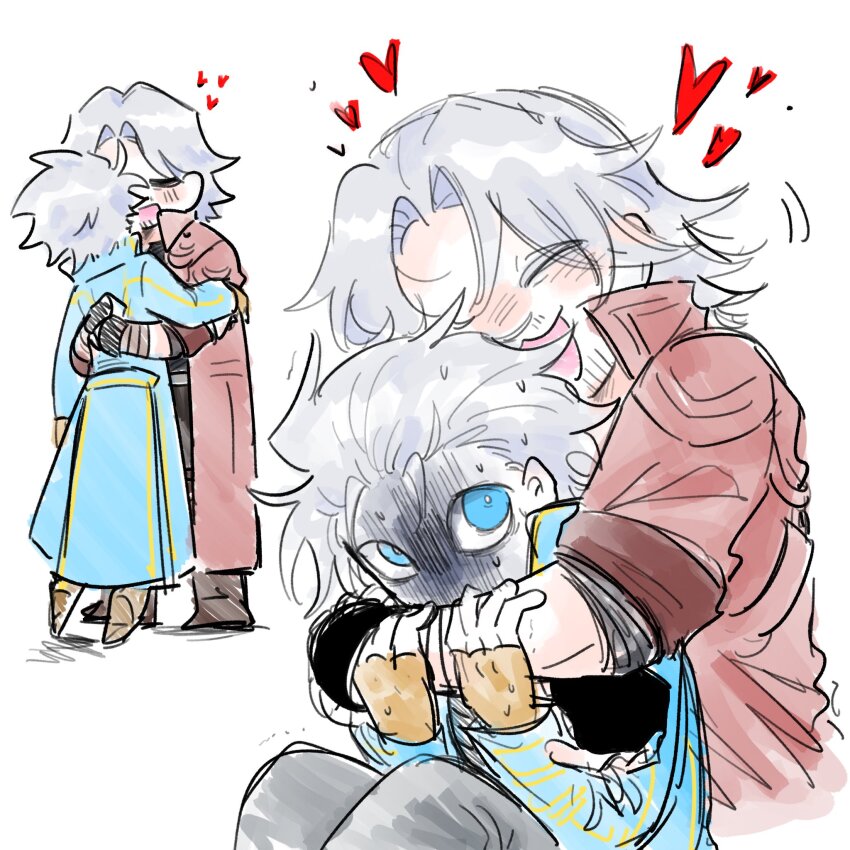 2boys, beard_stubble, black_gloves, blue_coat, blue_eyes, brothers, closed_eyes, coat, commentary, dante_(devil_may_cry), devil_may_cry, devil_may_cry_(series), devil_may_cry_3, devil_may_cry_5, facial_hair, fufufuowo, gloves, hair_slicked_back, heart, highres, hug, hug_from_behind, looking_at_another, looking_back, male_focus, multiple_boys, multiple_views, open_mouth, parted_hair, popped_collar, red_coat, shoes, siblings, simple_background, sitting, sleeves_rolled_up, stubble, untranslatable_commentary, time_paradox, twins, vergil_(devil_may_cry), white_background, white_hair