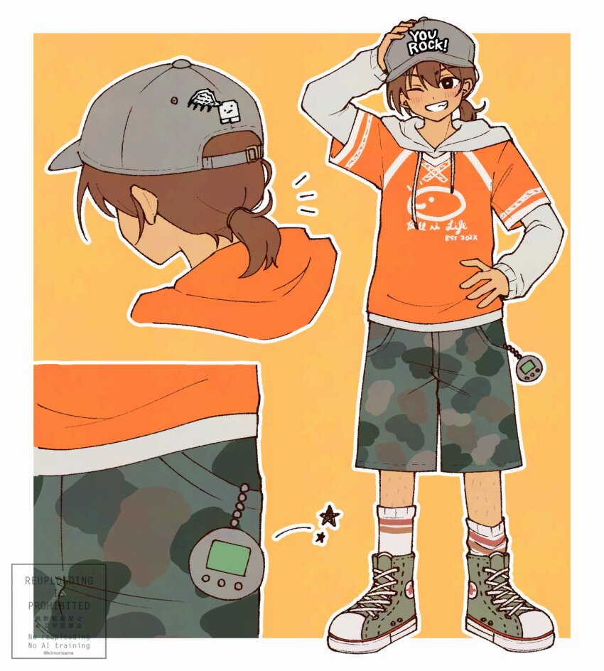 1boy, ;d, adjusting_clothes, adjusting_headwear, arm_up, artistic_error, baseball_cap, black_eyes