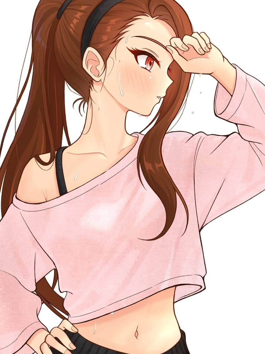 1girl, 82k_mugi, arm_up, armpit_crease, black_hairband, brown_hair, fingernails, hairband, hand_on_own_hip, hashtag-only_commentary, highres, idolmaster, idolmaster_(classic), long_hair, long_sleeves, looking_to_the_side, midriff, minase_iori, navel, parted_lips, pink_shirt, ponytail, profile, red_eyes, shirt, simple_background, solo, sweat, upper_body, white_background