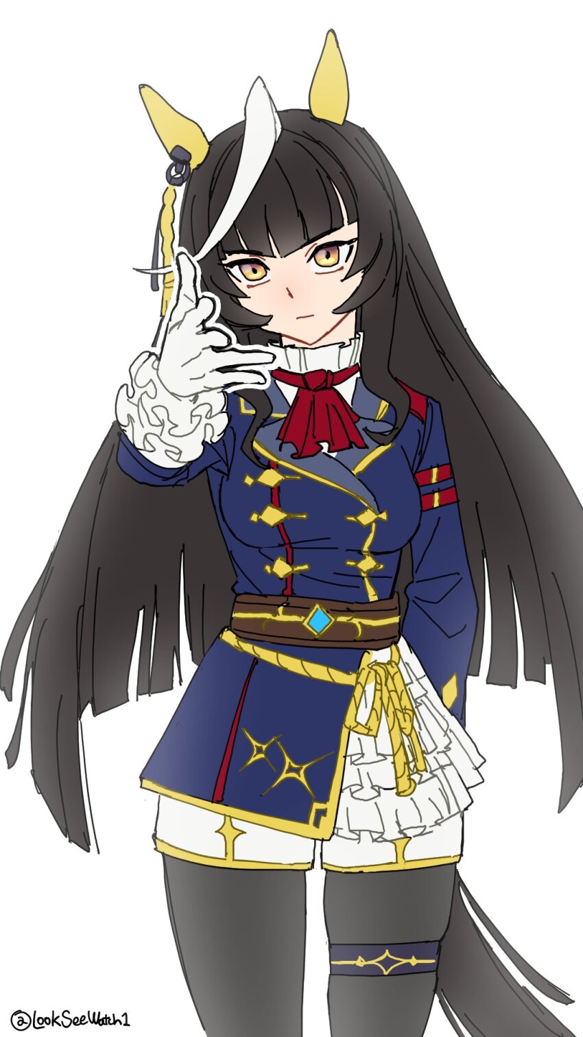 1girl, ahoge, animal_ears, ascot, belt, black_hair, black_thighhighs, blue_coat, breasts, brown_belt, calstone_light_o_(one_true_path)_(umamusume), calstone_light_o_(umamusume), closed_mouth, coat, cowboy_shot, dyed_ahoge, ear_covers, expressionless, frilled_sleeves, frills, gloves, highres, horse_ears, horse_girl, horse_tail, kej3516, long_hair, long_sleeves, looking_at_viewer, medium_breasts, meme, red_ascot, shorts, simple_background, solo, tail, thighhighs, umamusume, white_background, white_gloves, white_hair, white_shorts, woe_plague_be_upon_ye_(meme), yellow_eyes