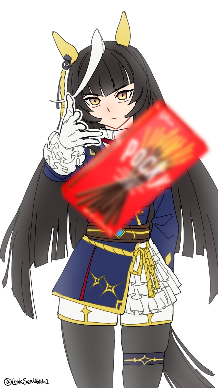 1girl, ahoge, animal_ears, black_hair, black_thighhighs, blue_coat, calstone_light_o_(one_true_path)_(umamusume), calstone_light_o_(umamusume)