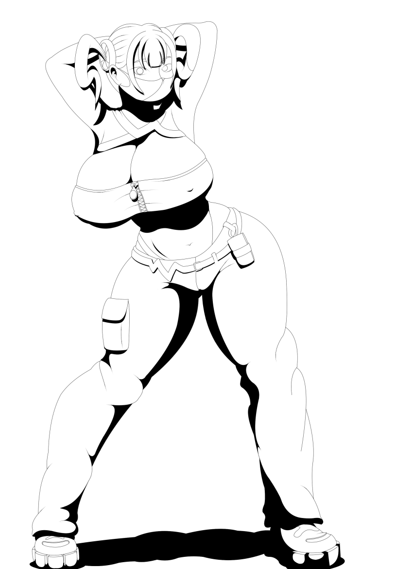 1girl, absurdres, belt, bra, breasts, canari_(pokemon), cleavage, greyscale