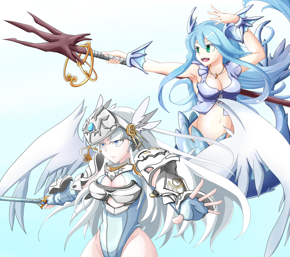 2girls, angel, angel_wings, animal_ears, arm_armor, armor, armored_collar, armored_gloves, armpits, bikini_armor, blue_background, blue_eyes, blue_gem, blue_gloves, blue_hair, blue_leotard, blue_scales, blue_shirt, breasts, cleavage, collarbone, commentary_request, feathered_wings, fingerless_gloves, fins, gem, gloves, gradient_background, green_eyes, hair_ornament, head_fins, helmet, holding, holding_polearm, holding_sword, holding_weapon, jessie_(mon-musu_quest!), jewelry, large_breasts, leotard, long_hair, mermaid, mon-musu_quest!, monster_girl, multiple_girls, navel, necklace, open_mouth, polearm, red_gem, scales, shirt, short_sleeves, shoulder_armor, siwanna, sleeveless, smile, sword, tail, valkyrie, victoria_(mon-musu_quest!), weapon, white_armor, white_hair, white_wings, winged_helmet, wings