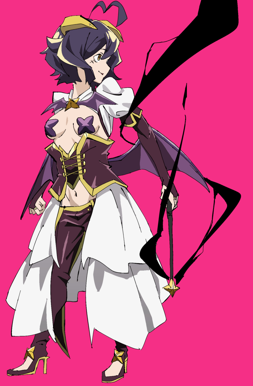 1girl, bat_brooch, breasts, bridal_gauntlets, corset, cross, cross_facial_mark, cross_pasties, facial_mark, fold-over_gloves, forward-facing_horns, high_heels, highres, hitori_ninjin, holding, holding_riding_crop, horns, low_wings, lowleg, lowleg_pants, magia_baiser, mahou_shoujo_ni_akogarete, navel, pants, pasties, pink_background, purple_corset, purple_hair, purple_pants, purple_wings, riding_crop, showgirl_skirt, shrug_(clothing), simple_background, skirt, small_breasts, solo, white_shrug, white_skirt, wings, yellow_horns