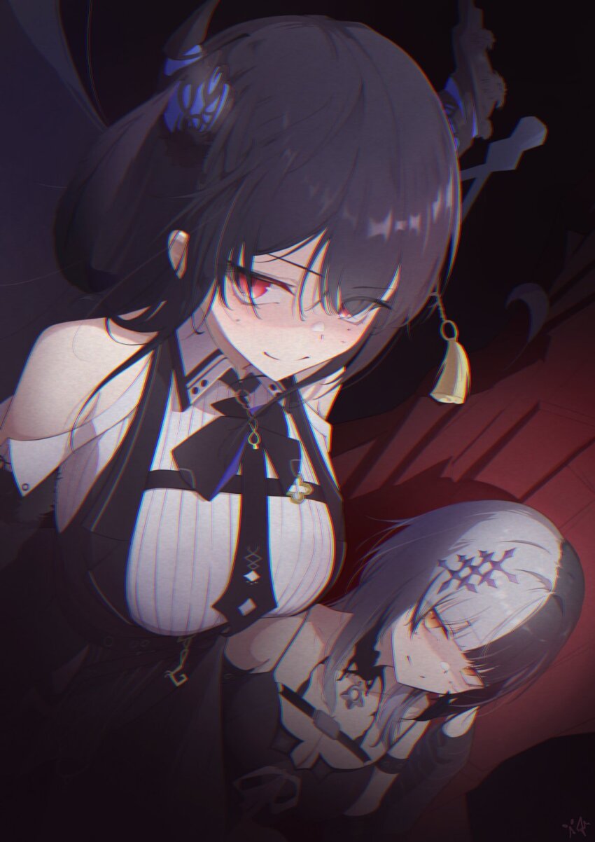 2girls, aesfixcia, arm_strap, black_choker, black_dress, black_hair, black_horns, black_necktie