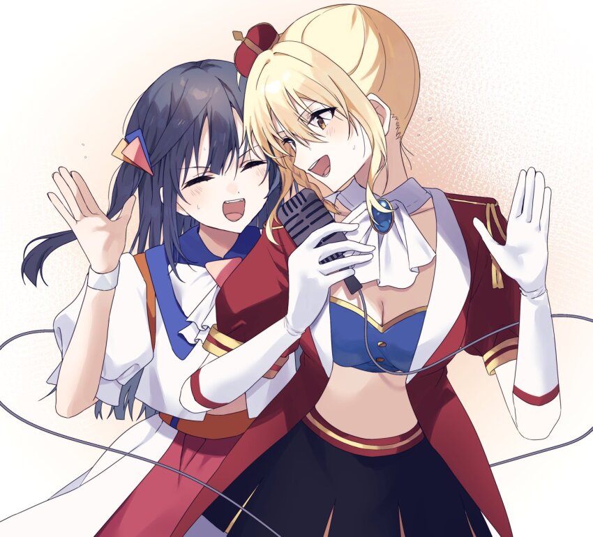 2girls, :d, ^_^, arched_crown, ascot, black_hair, black_skirt, blonde_hair, bow, bowtie, breasts, brown_background, burn!!_(love_live!), circle_of_love_(love_live!), cleavage, closed_eyes, coat, commentary, cowboy_shot, crown, double-parted_bangs, elbow_gloves, gloves, gradient_background, hashtag-only_commentary, highres, lone_nape_hair, long_hair, love_live!, love_live!_nijigasaki_high_school_idol_club, love_live!_nijigasaki_high_school_idol_club_the_movie_-_finale, medium_breasts, mini_crown, miyashita_ai, monigiri_(sstsmock), multiple_girls, official_alternate_costume, one_side_up, open_clothes, open_coat, open_mouth, orange_eyes, puffy_short_sleeves, puffy_sleeves, radial_gradient_background, red_coat, red_crown, red_skirt, shirt, short_sleeves, side_ponytail, skirt, smile, stomach, tilted_headwear, v-shaped_eyebrows, white_ascot, white_bow, white_bowtie, white_gloves, white_shirt, yuki_setsuna