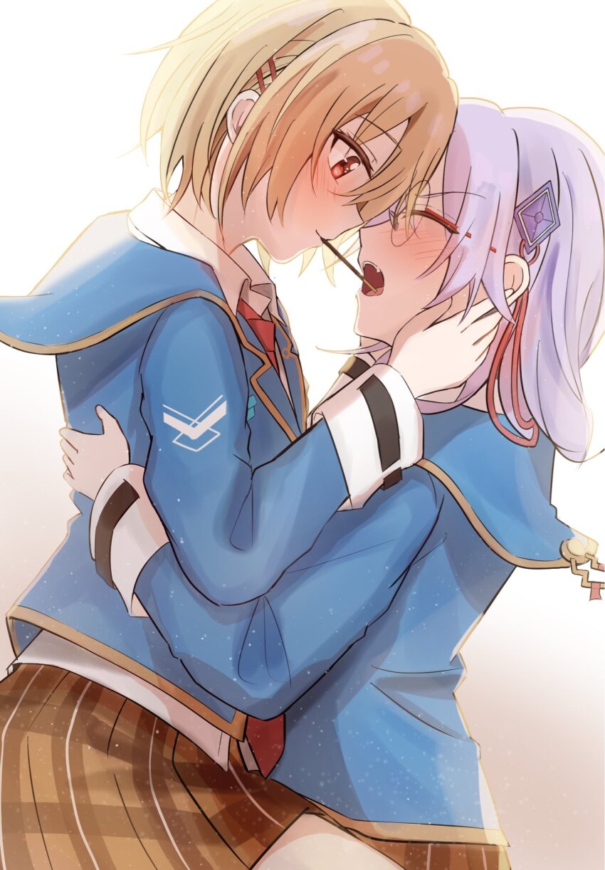 2girls, aoi11_luyu, blonde_hair, blue_jacket, blush, brown_skirt, closed_eyes, collared_shirt