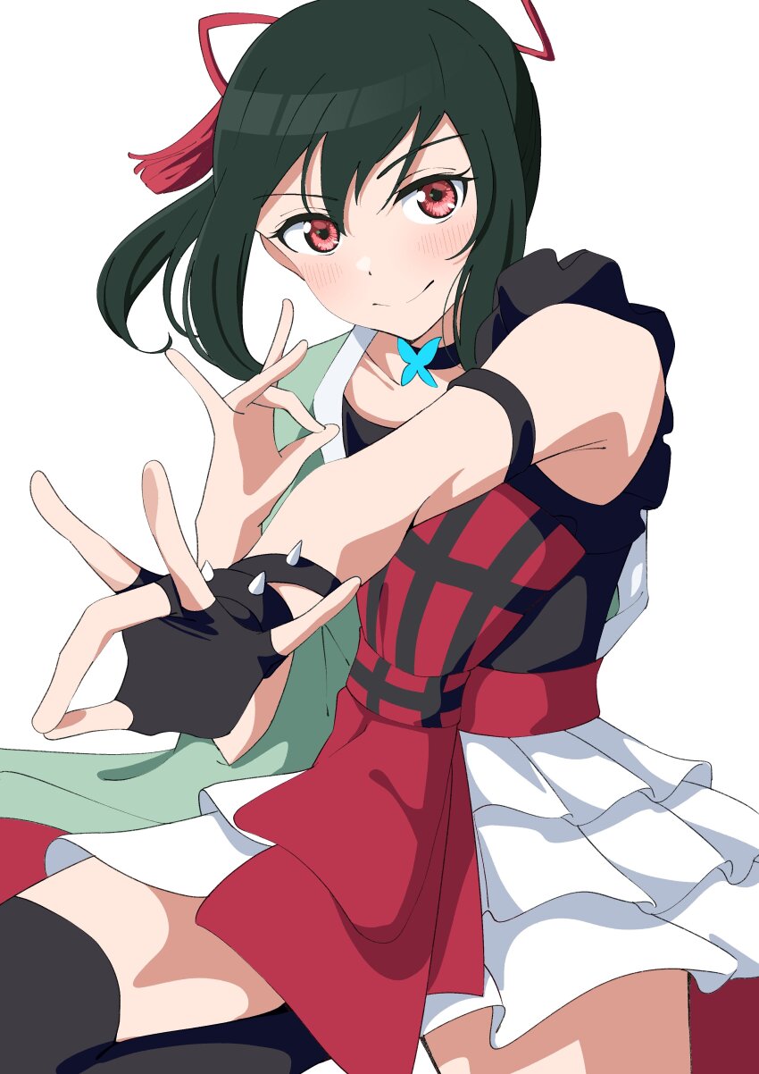 1girl, absurdres, armpit_crease, black_shirt, black_thighhighs, closed_mouth, cowboy_shot, double_fox_shadow_puppet