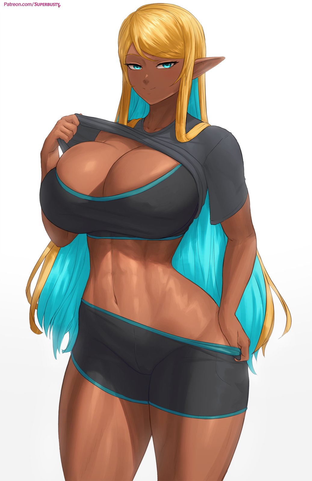 1girl, abs, aqua_eyes, aqua_hair, bike_shorts, black_bra, black_sports_bra, blonde_hair