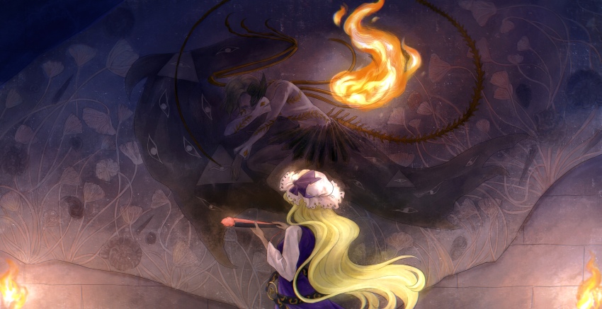 2girls, absurdres, belt, black_belt, blonde_hair, bone, brick_wall, brown_hair