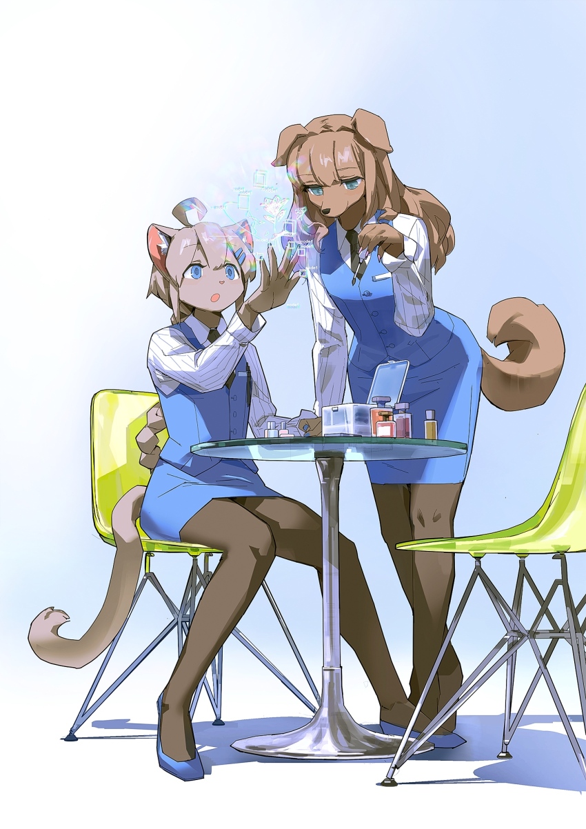 2girls, :o, ahoge, animal_ear_fluff, applying_another's_manicure, arm_up, black_necktie, blue_background