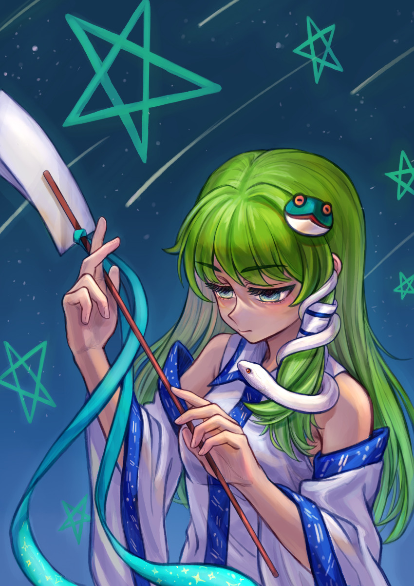 1girl, absurdres, aqua_ribbon, bare_shoulders, collared_shirt, commentary_request, detached_sleeves, fingernails, frog_hair_ornament, gohei, green_eyes, green_hair, hair_ornament, hair_tubes, highres, holding, holding_gohei, kochiya_sanae, long_hair, looking_down, night, ookimi_gusoku_mushi, ribbon, shirt, shooting_star, single_hair_tube, single_sidelock, sky, snake, snake_hair_ornament, solo, star_(sky), star_(symbol), starry_sky, thick_eyelashes, touhou, upper_body, white_shirt, white_snake