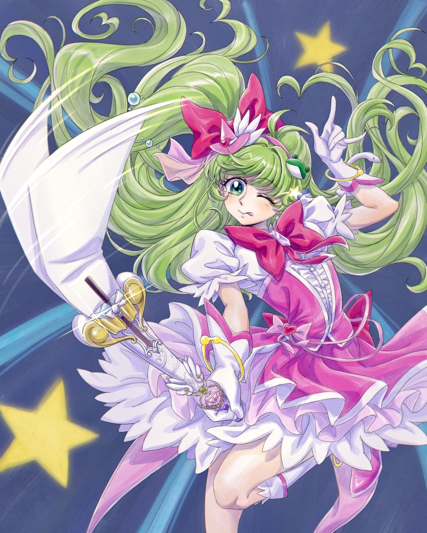 1girl, \n/, absurdres, back_bow, beads, blue_background, blush, bow