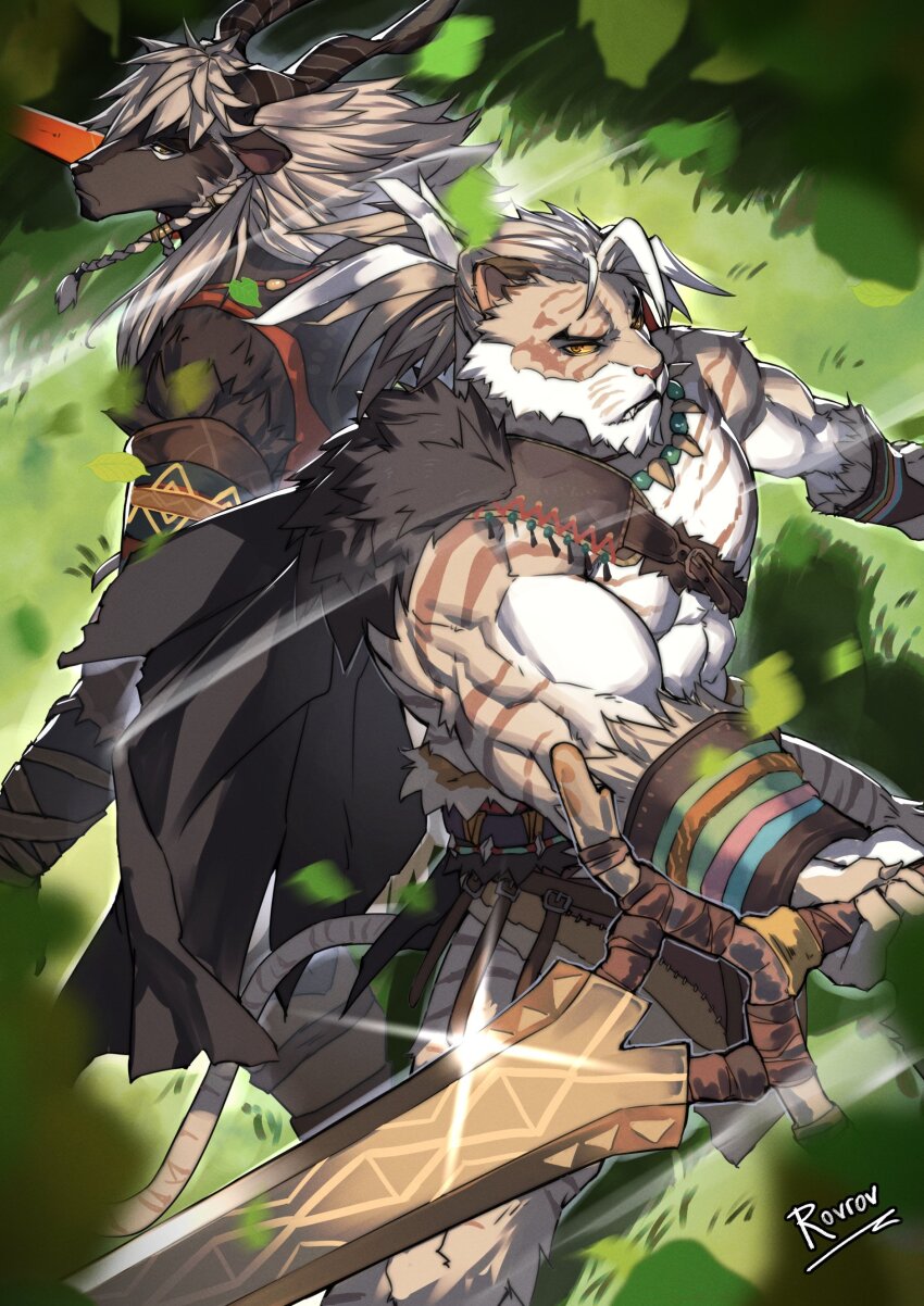 2boys, abs, absurdres, afk_(series), afk_journey, animal_ears, artist_name, bara