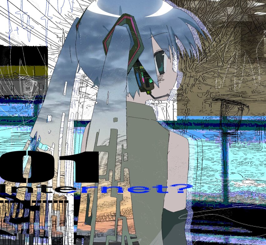 1girl, 2000s_(style), aqua_eyes, backrooms_(creepypasta), black_sleeves, blue_hair, blush, cloud, collage_(medium), collared_shirt, detached_sleeves, drop_shadow, english_text, expressionless, glitch, gradient_hair, grey_shirt, hatsune_miku, headset, highres, long_hair, looking_at_viewer, looking_back, multicolored_hair, orange_hair, photo_inset, projected_inset, shirt, sidelocks, sky, sleeveless, sleeveless_shirt, solo, star_(symbol), sunset, twintails, upper_body, uuuuua07, vocaloid
